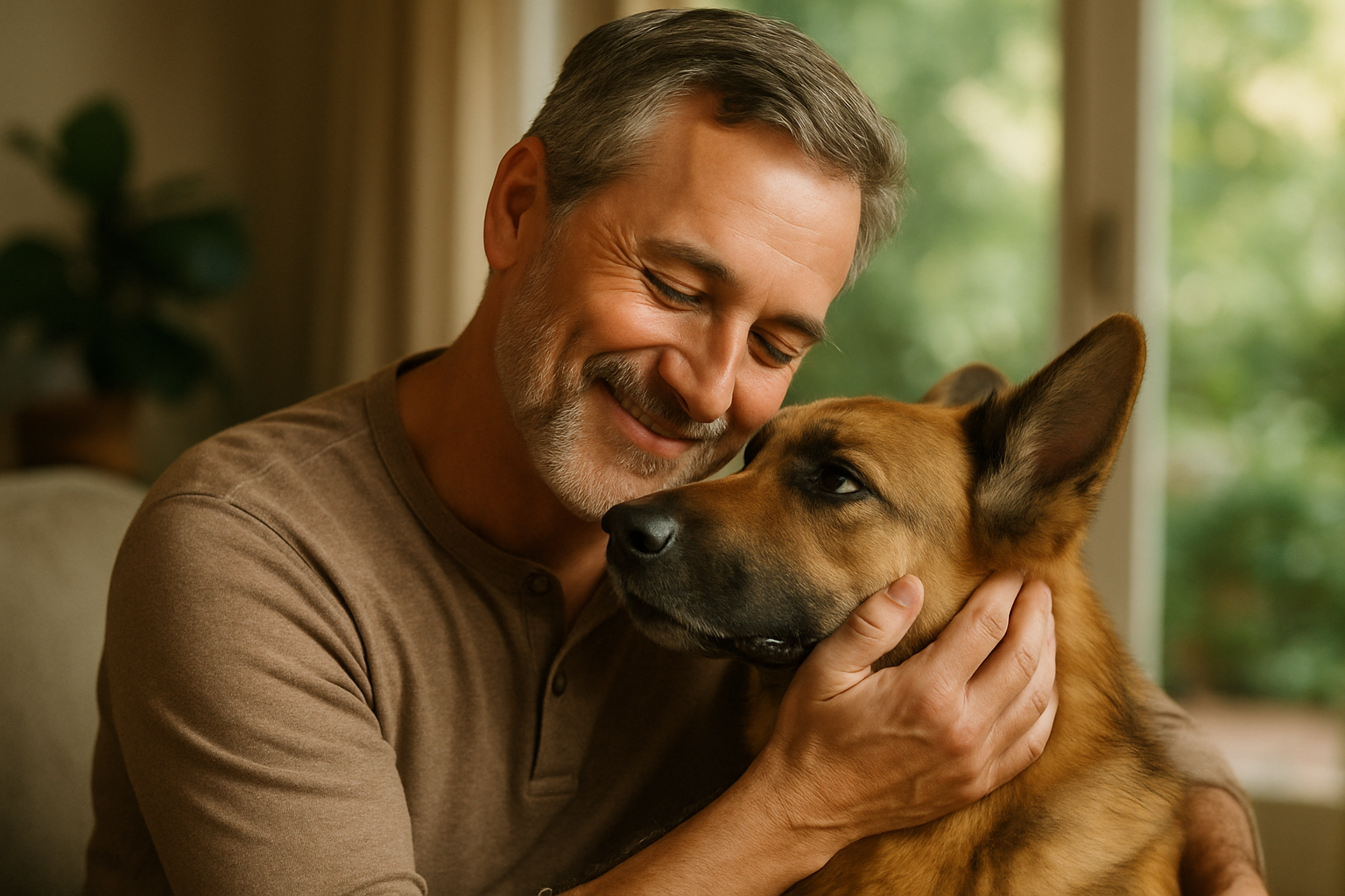 erstelle ein bild von einem 50 jährigen familienvater der seinen hund über alles liebt