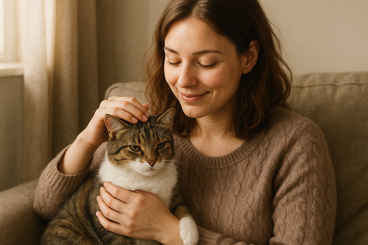 erstelle ein bild von einer 30 jährigen katzen liebhaberin mit katze auf dem bild 