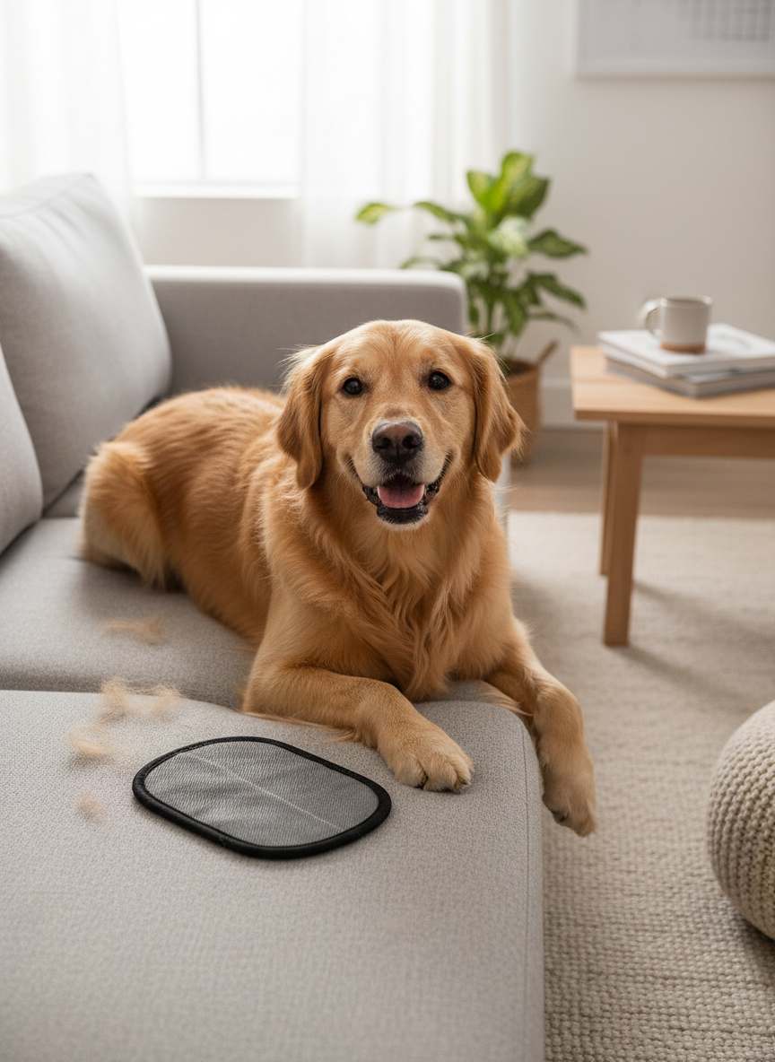 Tierhaar-Handschuh auf Sofa mit Hund 1